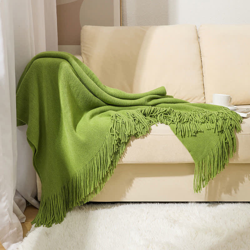 Grof Gebreide Plaid met Franjes – Zachte Acryl Chunky Knit Deken voor Bank & Bed, 12 Kleuren, 2 Maten Groen