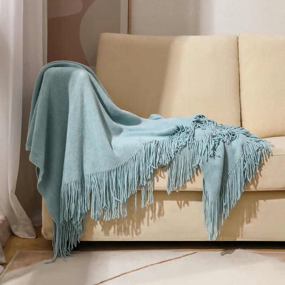 Grof Gebreide Plaid met Franjes – Zachte Acryl Chunky Knit Deken voor Bank & Bed, 12 Kleuren, 2 Maten Lichtblauw