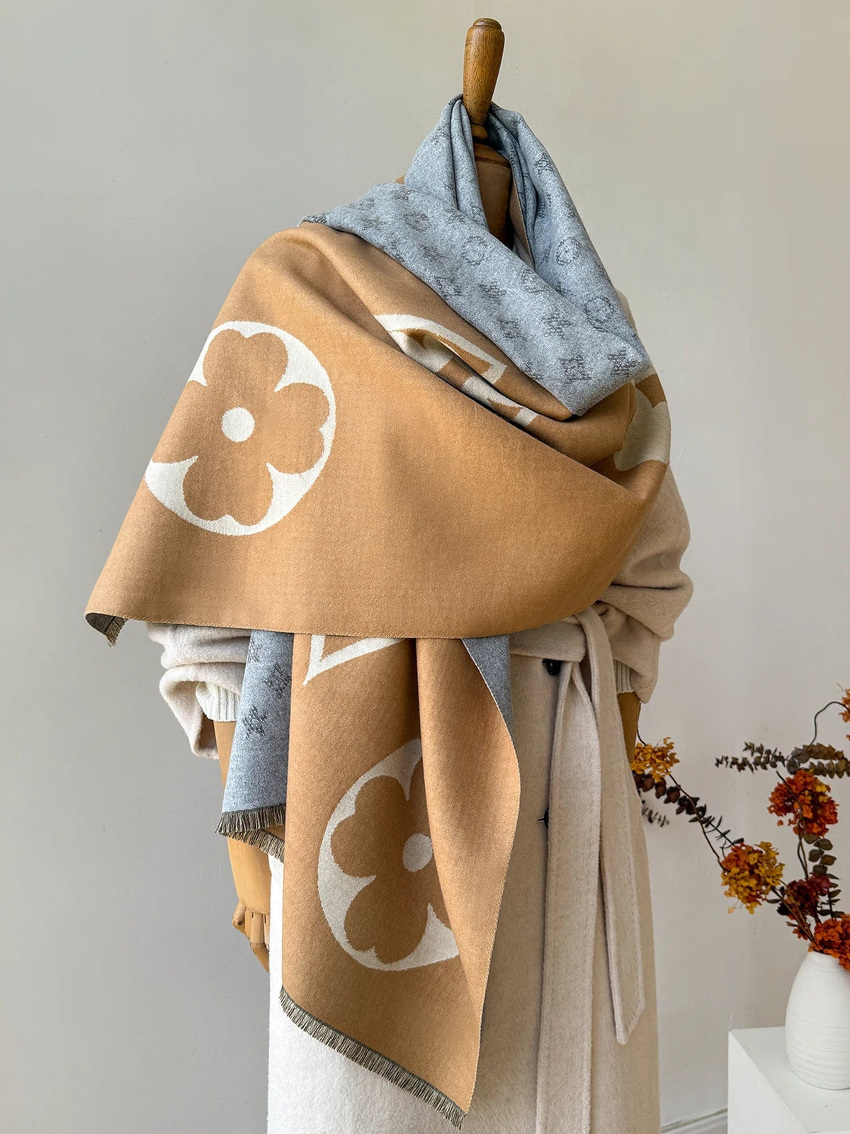 Wintersjaal met Jacquardpatroon – Zachte Grote Omslagsjaal & Omslagdoek, 175 cm, Unisex, 3 Kleuren | Hommes Camel