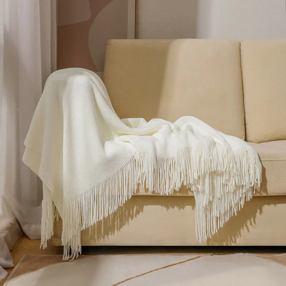 Grof Gebreide Plaid met Franjes – Zachte Acryl Chunky Knit Deken voor Bank & Bed, 12 Kleuren, 2 Maten Wit