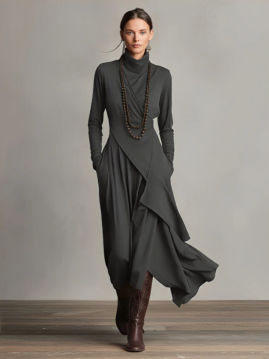 Ava | Dames Lange Jurk - Boheemse Katoenstretch met Lange Mouwen Donkergrijs