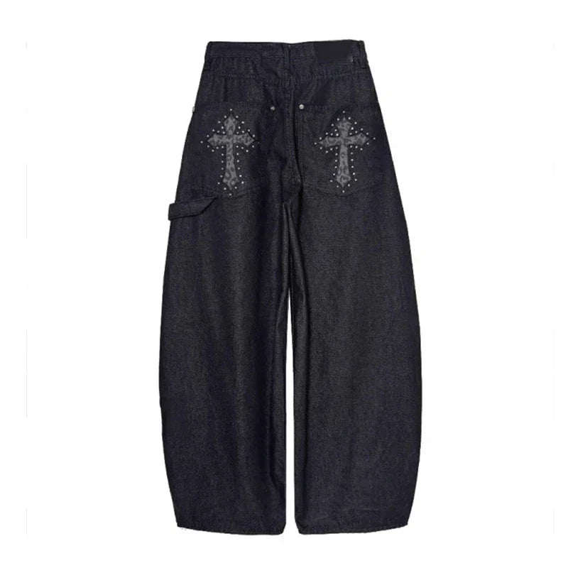 Baggy Broek met Wijde Pijpen – Wide Leg Jeans met Kruismotief & Studs op de Achterzakken, Grunge Streetwear, S–2XL – Jo 2XL