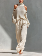 Bela | Dames Set - Gebreid, Open Schouder en Wijde Broek Beige