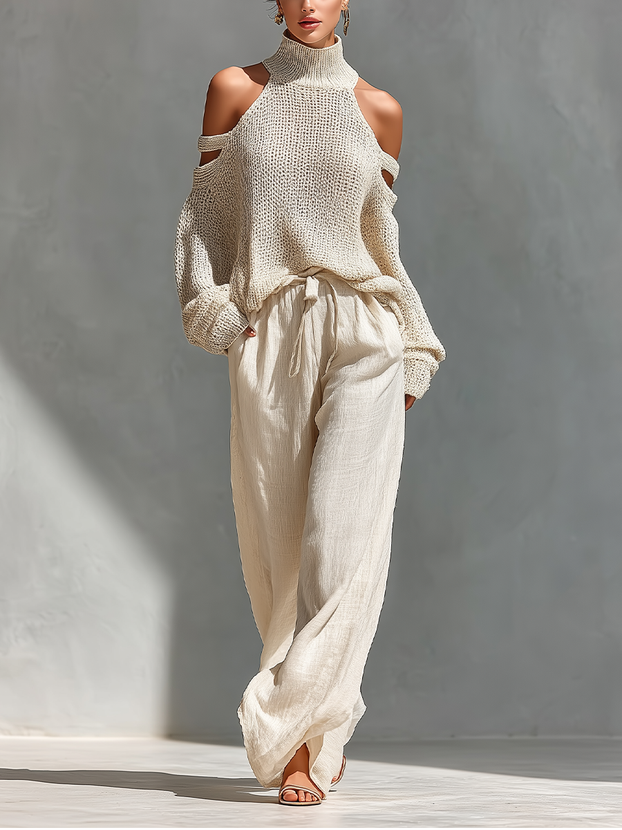 Bela | Dames Set - Gebreid, Open Schouder en Wijde Broek Beige