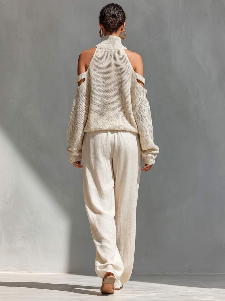 Bela | Dames Set - Gebreid, Open Schouder en Wijde Broek