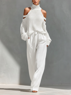 Bela | Dames Set - Gebreid, Open Schouder en Wijde Broek Wit
