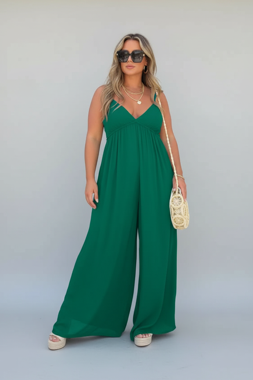 Isolde | Jumpsuit Dames - Zwart - Wijde Pijpen V-hals Groen