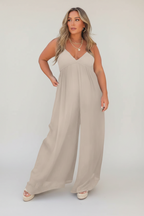 Isolde | Jumpsuit Dames - Zwart - Wijde Pijpen V-hals Beige