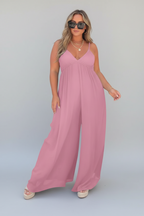 Isolde | Jumpsuit Dames - Zwart - Wijde Pijpen V-hals Roze