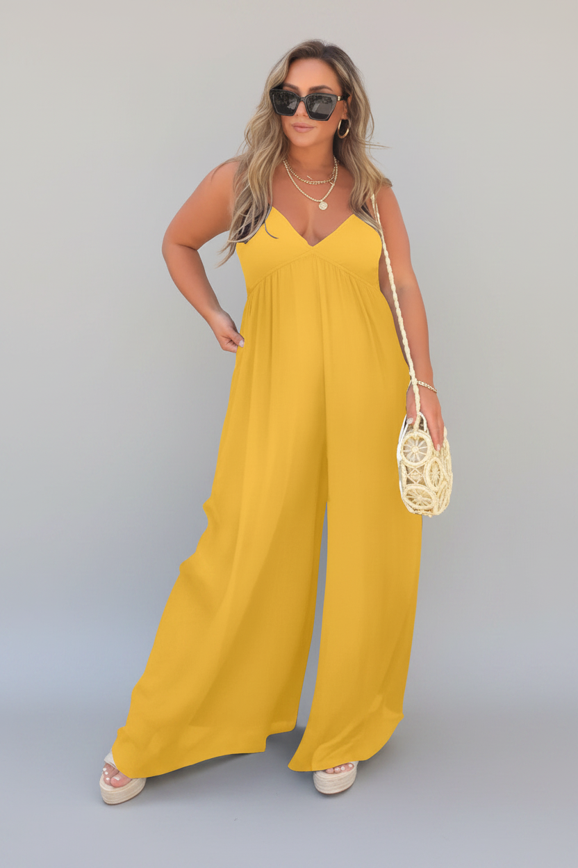 Isolde | Jumpsuit Dames - Zwart - Wijde Pijpen V-hals Geel