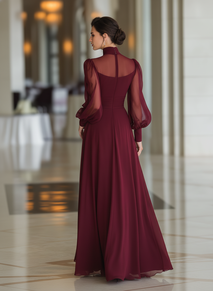Rosa | Bordeaux Lange Jurk Dames - Chiffon, Hoge Hals met Pofmouwen