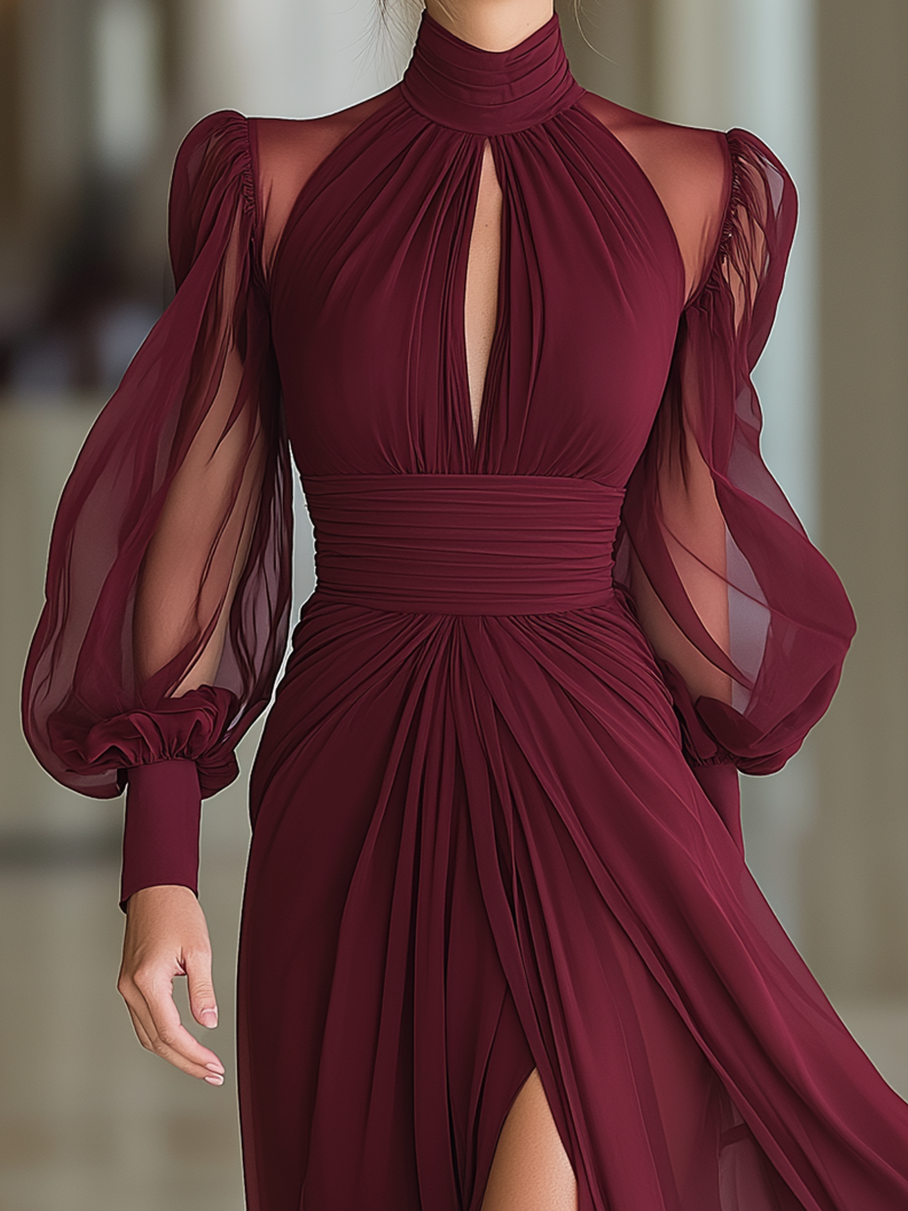 Rosa | Bordeaux Lange Jurk Dames - Chiffon, Hoge Hals met Pofmouwen