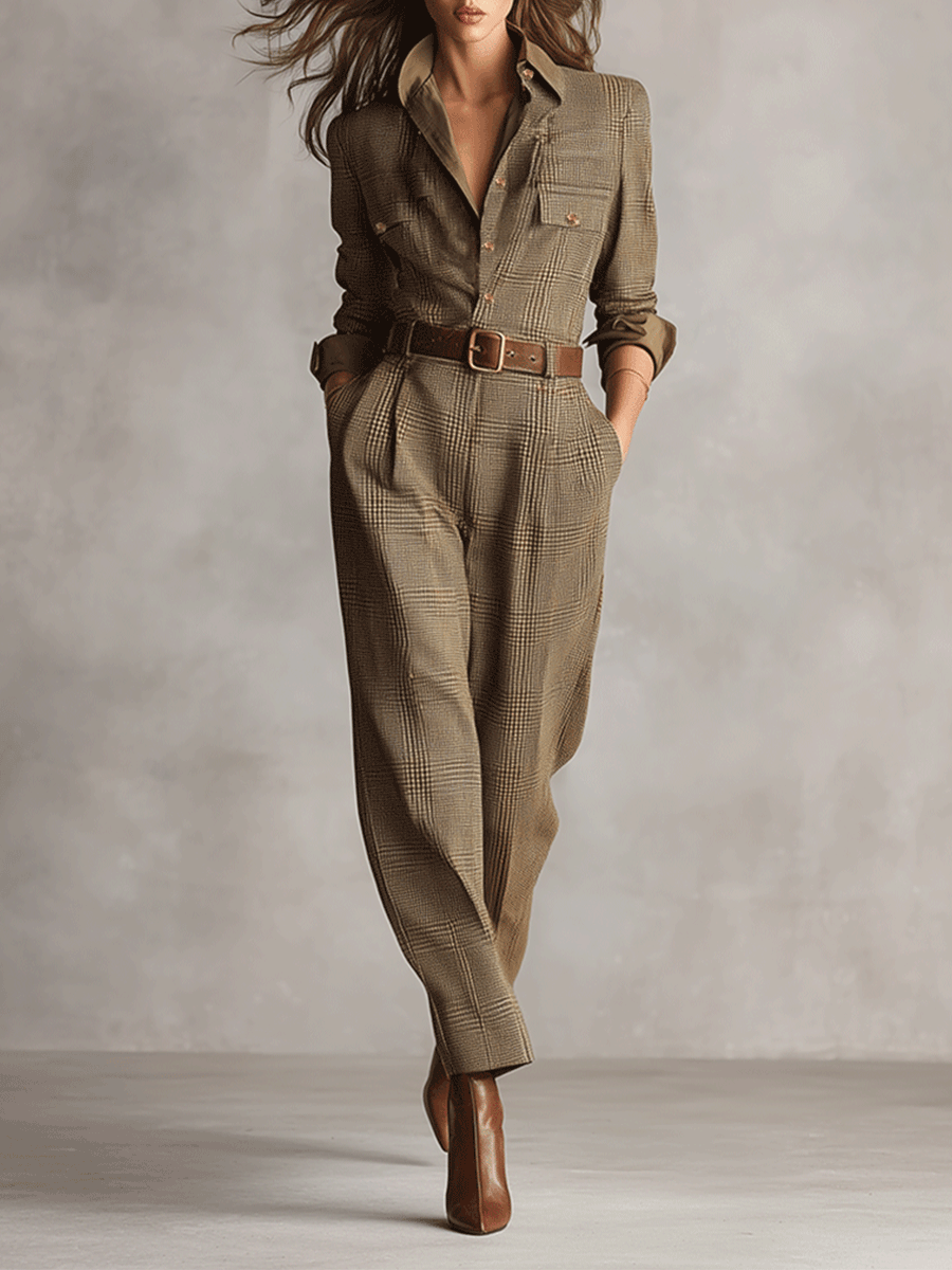 Brianna | Dames Jumpsuit - Luxe Tweed, Geruit Patroon (Zonder Riem) Kaki