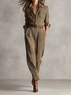 Brianna | Dames Jumpsuit - Luxe Tweed, Geruit Patroon (Zonder Riem) Kaki