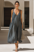 Yvaine | Jumpsuit Dames - Chambray - V-hals Dubbele Bandjes Zakken