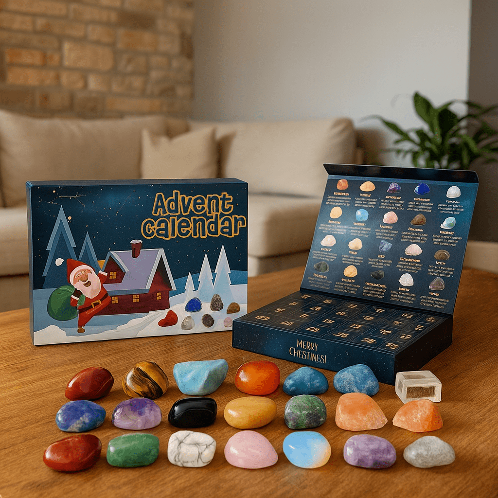 Edelstenen Adventskalender – 24 Natuurlijke Kristallen & Stenen om af te Tellen naar Kerst, Stenenverzamelaar Cadeau, 2 Varianten Variant B