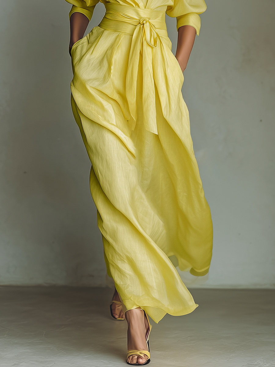 Cita | Dames Lange Maxi Jurk - Katoen-Linnenmix, Strik Taille