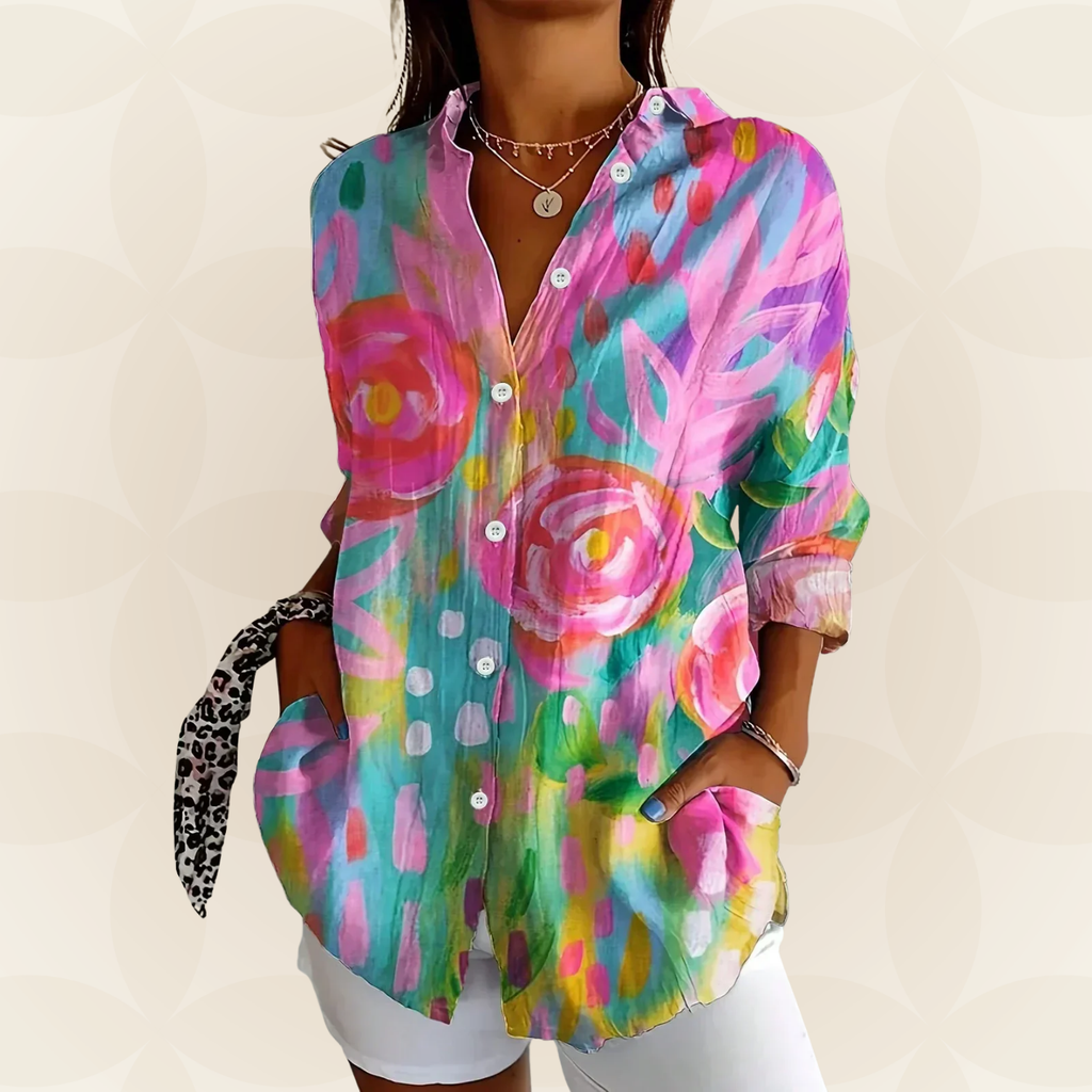 Cora | Dames Blouse - Kleurrijke Print, Comfortabel en Flatterend Roze