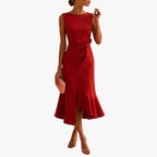 Luna | Dames Feestelijke Midi Zomerjurk met Ruches en Zonder Mouwen Rood