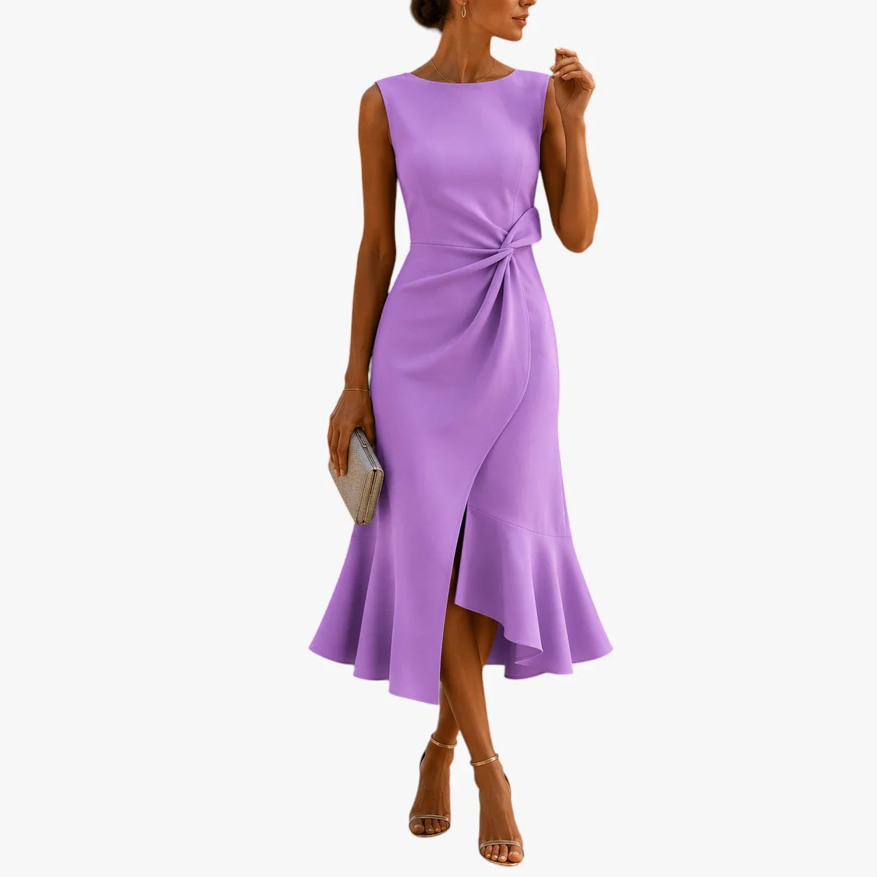 Luna | Dames Feestelijke Midi Zomerjurk met Ruches en Zonder Mouwen Violet