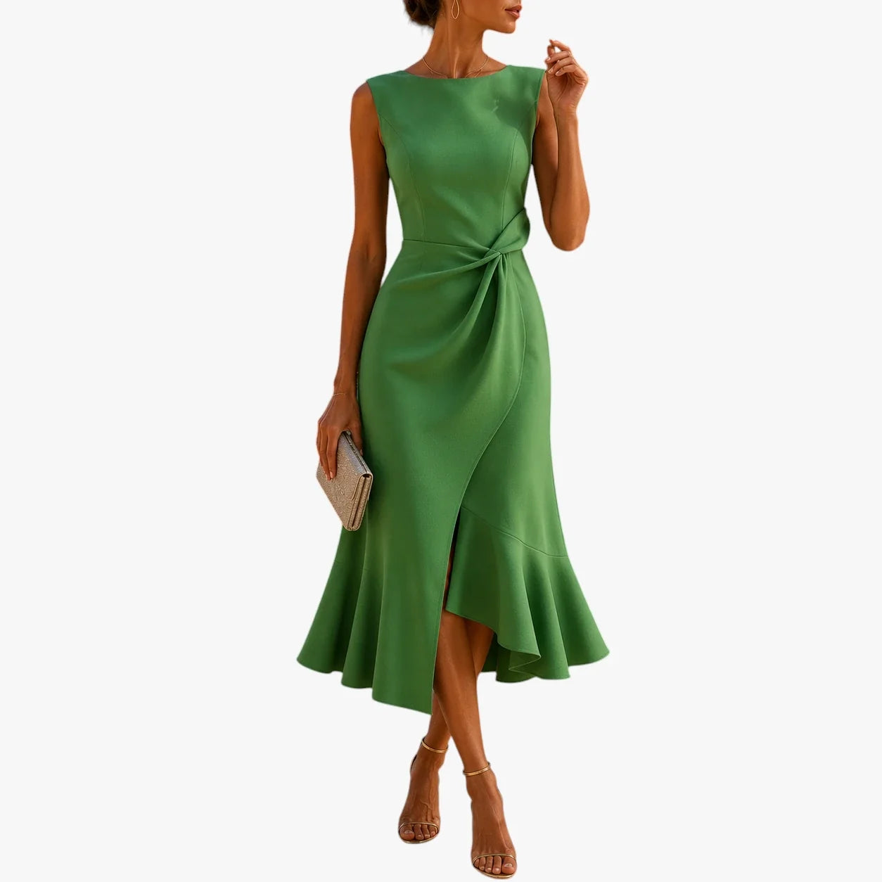 Luna | Dames Feestelijke Midi Zomerjurk met Ruches en Zonder Mouwen Groen
