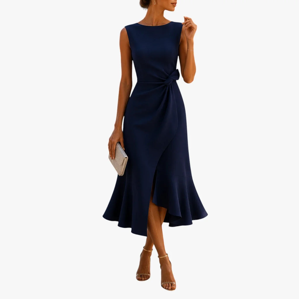 Luna | Dames Feestelijke Midi Zomerjurk met Ruches en Zonder Mouwen Marineblauw
