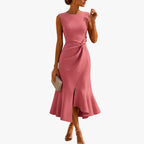 Luna | Dames Feestelijke Midi Zomerjurk met Ruches en Zonder Mouwen Roze