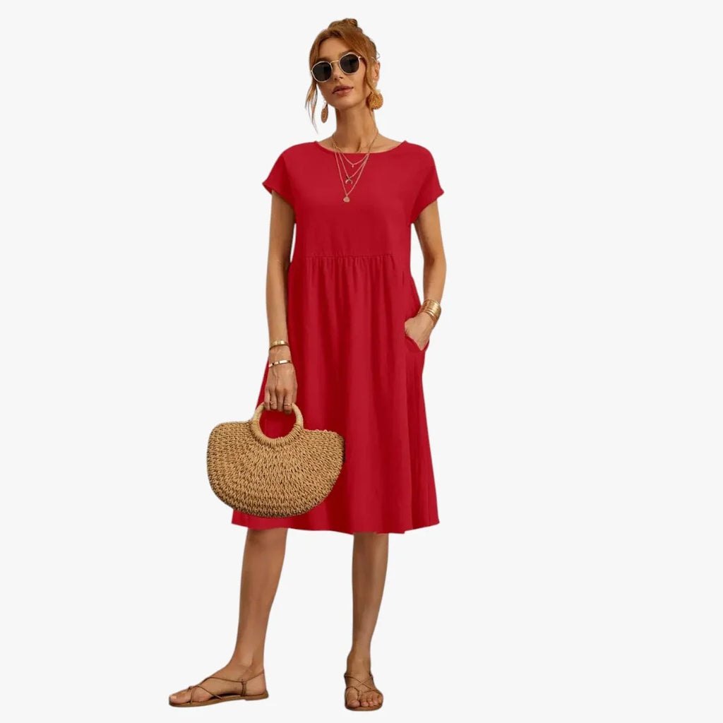 Amore | Dames Loszittende Midi Zomerjurk met Korte Mouwen en Zakken Rood