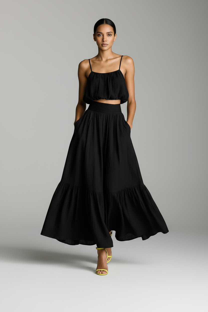 Novali | Co-ord Set Dames - Crop Top Maxi Rok Zwart