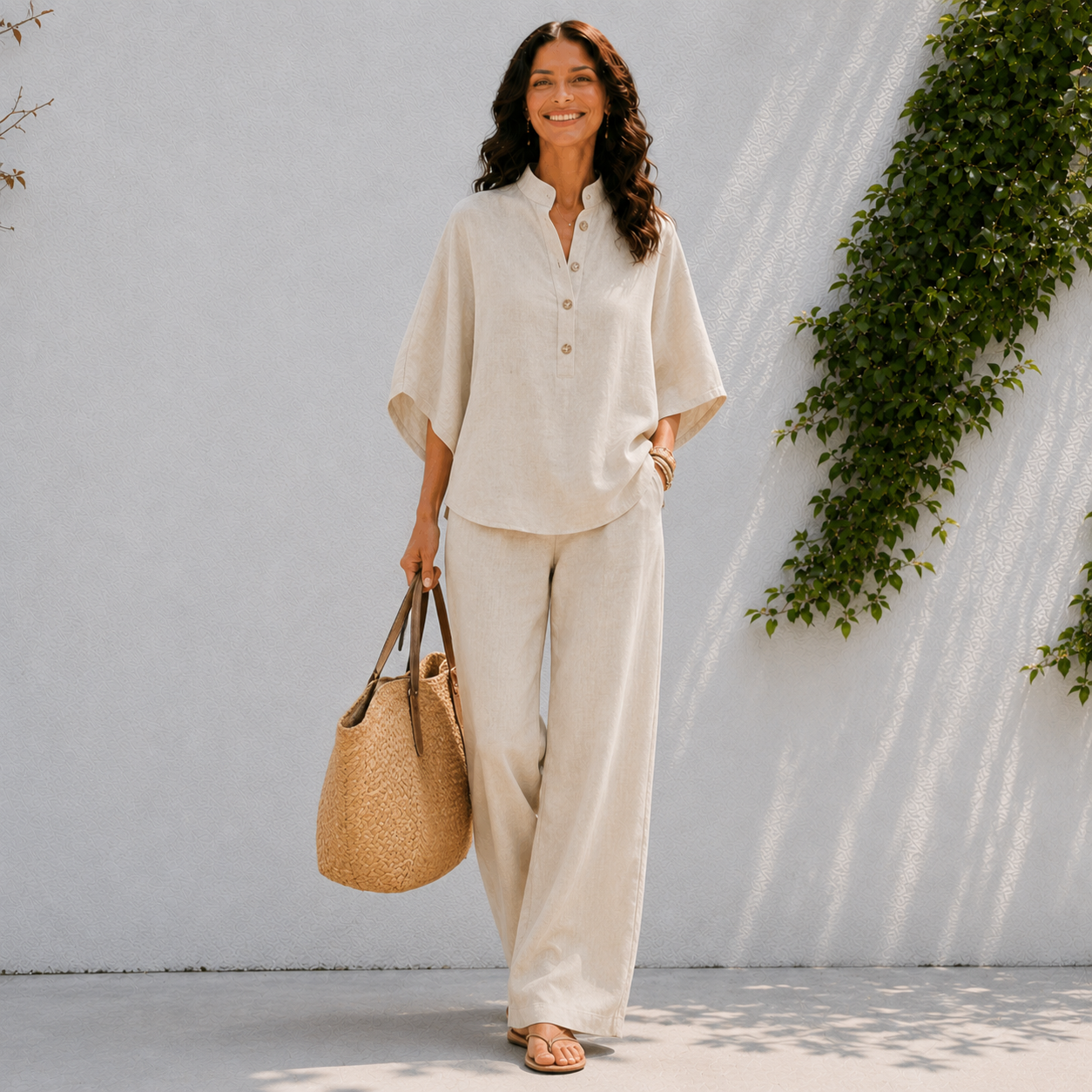 Mireya | Co-ord Set Dames - Oversized Shirt Broek Beige