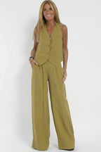 Zephyrine | Co-ord Set Dames - V-Hals Jasje Rechte Broek Olijfgroen