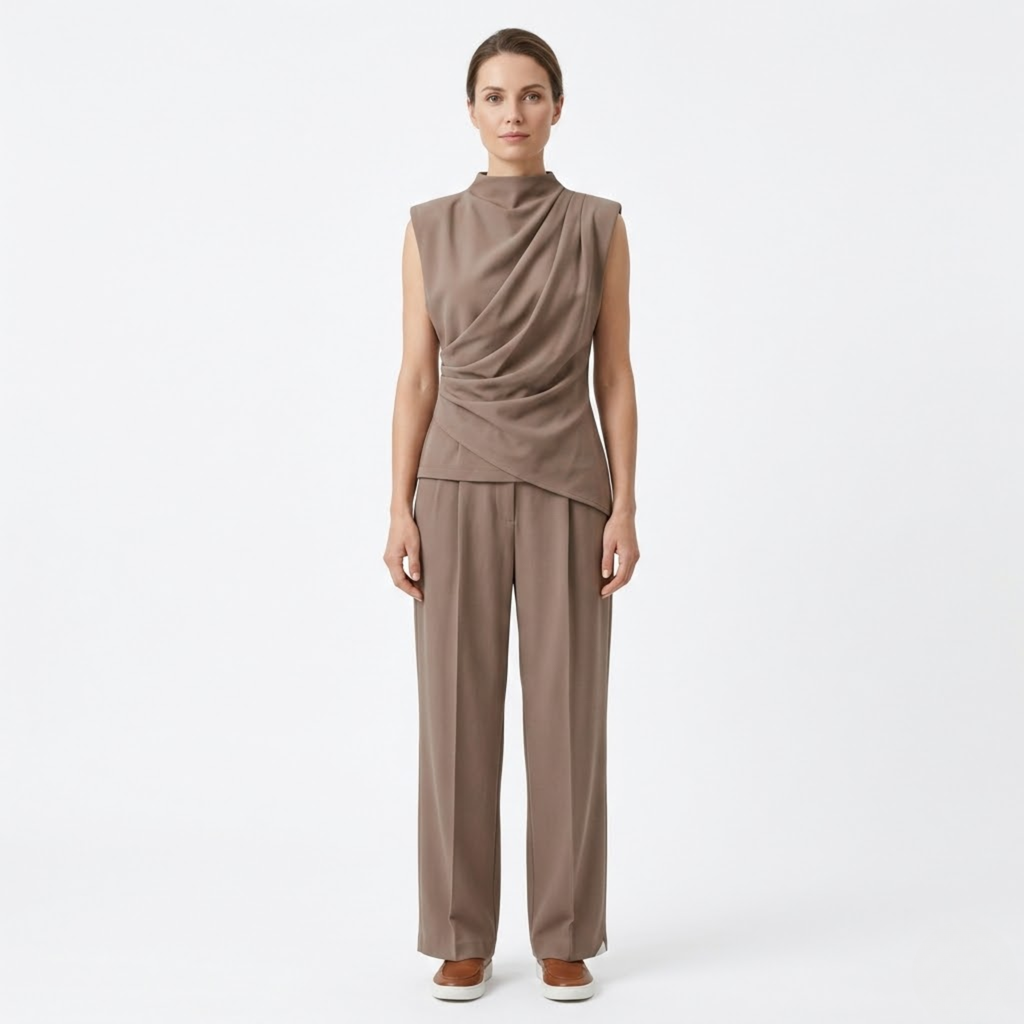 Elowen | Co-ord Set Dames - Mouwloos Wijde Pijpen Bruin