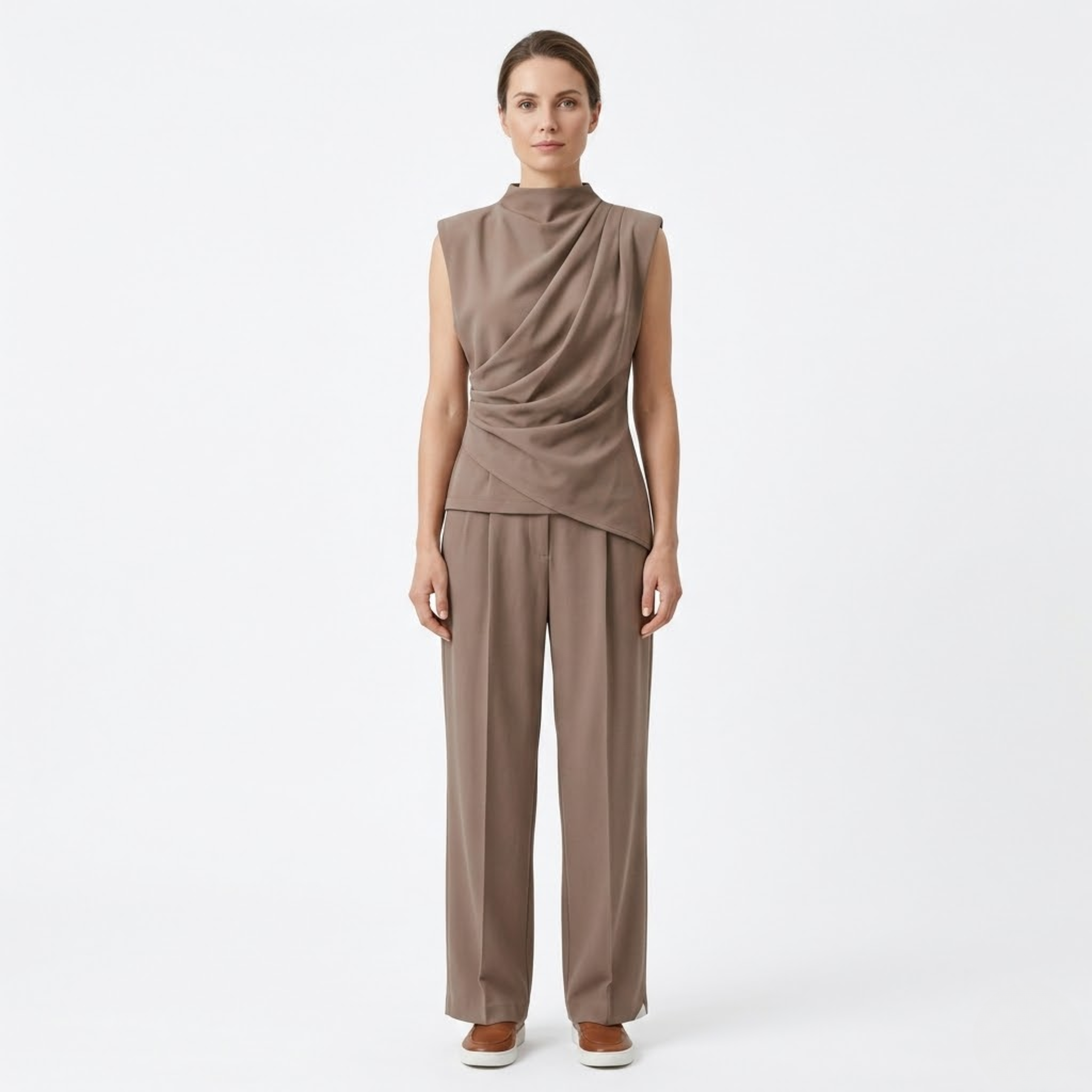 Elowen | Co-ord Set Dames - Mouwloos Wijde Pijpen Bruin