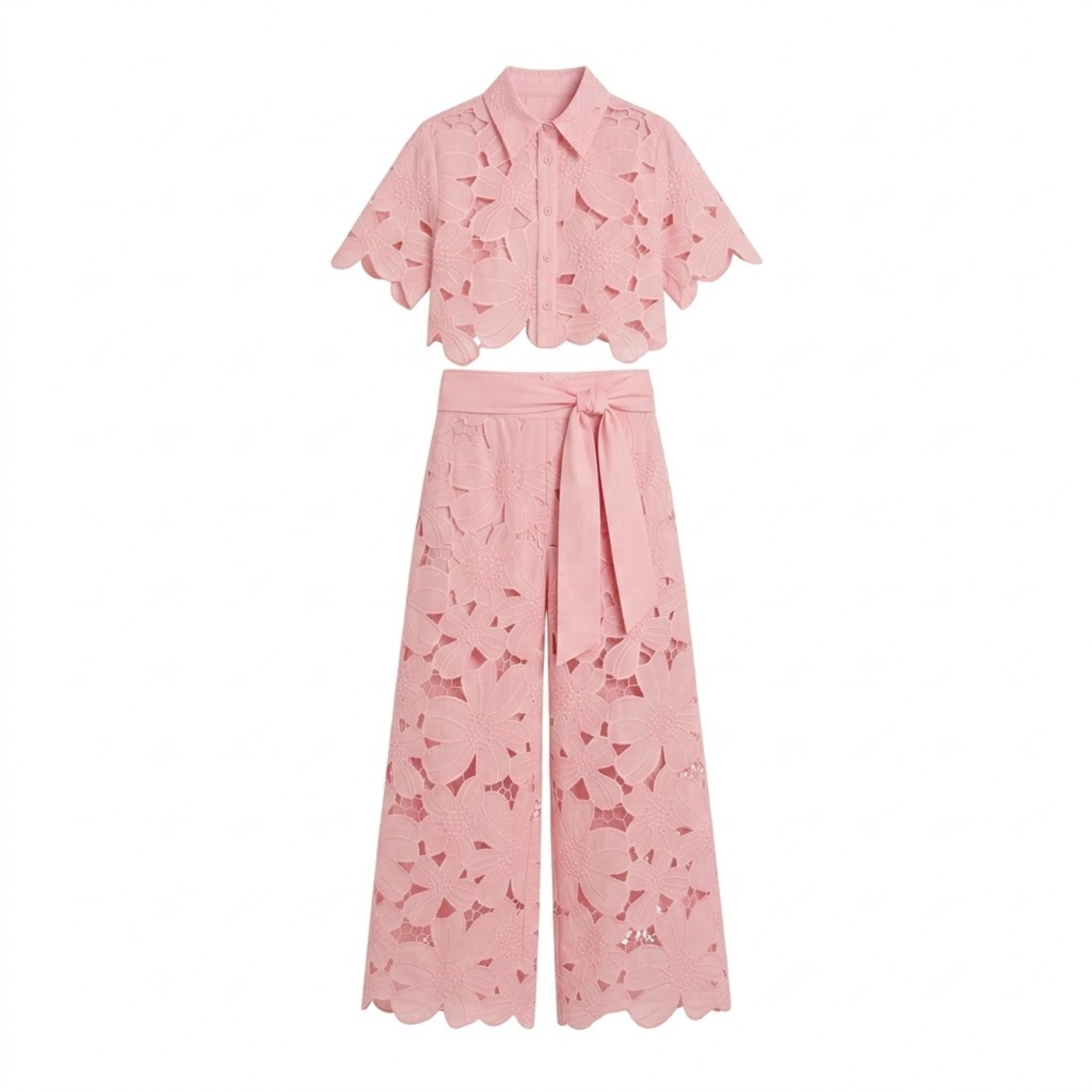 Isadora | Co-ord Set Dames - Kant - Crop Top Wijde Broek Roze