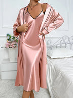 Diva | Dames Pyjamaset - Satijn, Midi Jurk en Badjas Roze