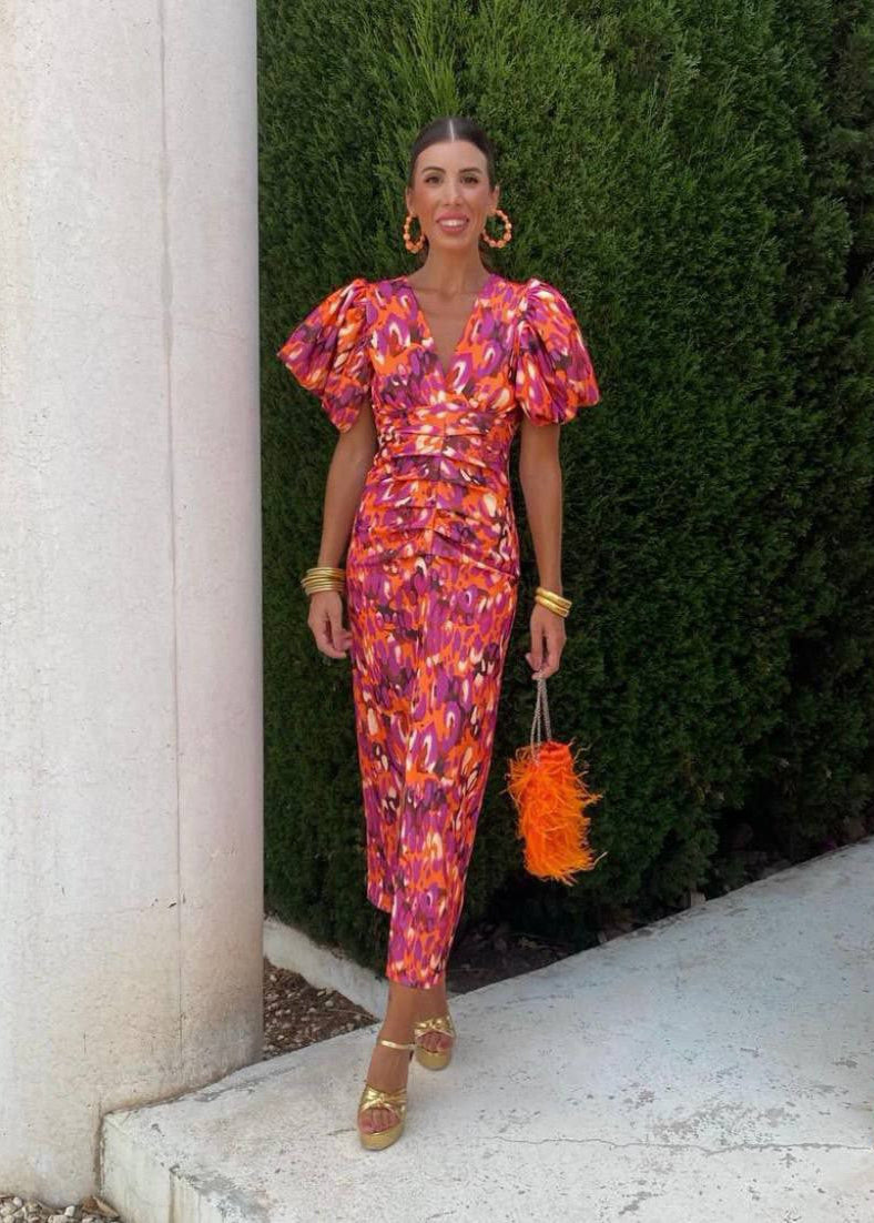 Diva | Dames Jurk - Gedurfde Print, Elegante V-hals Oranje Rood