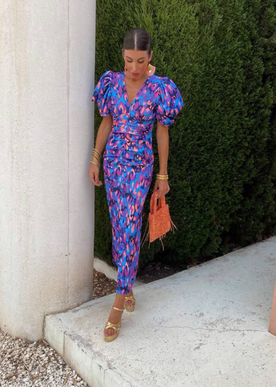Diva | Dames Jurk - Gedurfde Print, Elegante V-hals Violet