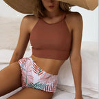 Callista | Bikiniset Dames - Bloemenprint - Hoge Taille Bruin