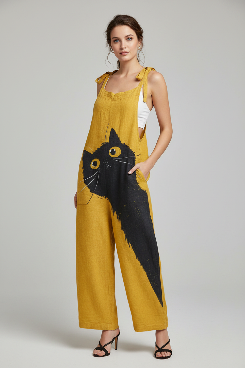 Mila | Jumpsuit Dames - Vintage Kattenprint Comfortabel Geel