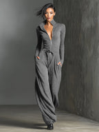 Eline | Dames Jumpsuit - Stretchy Glitterstof, Feestelijk Design Lichtgrijs