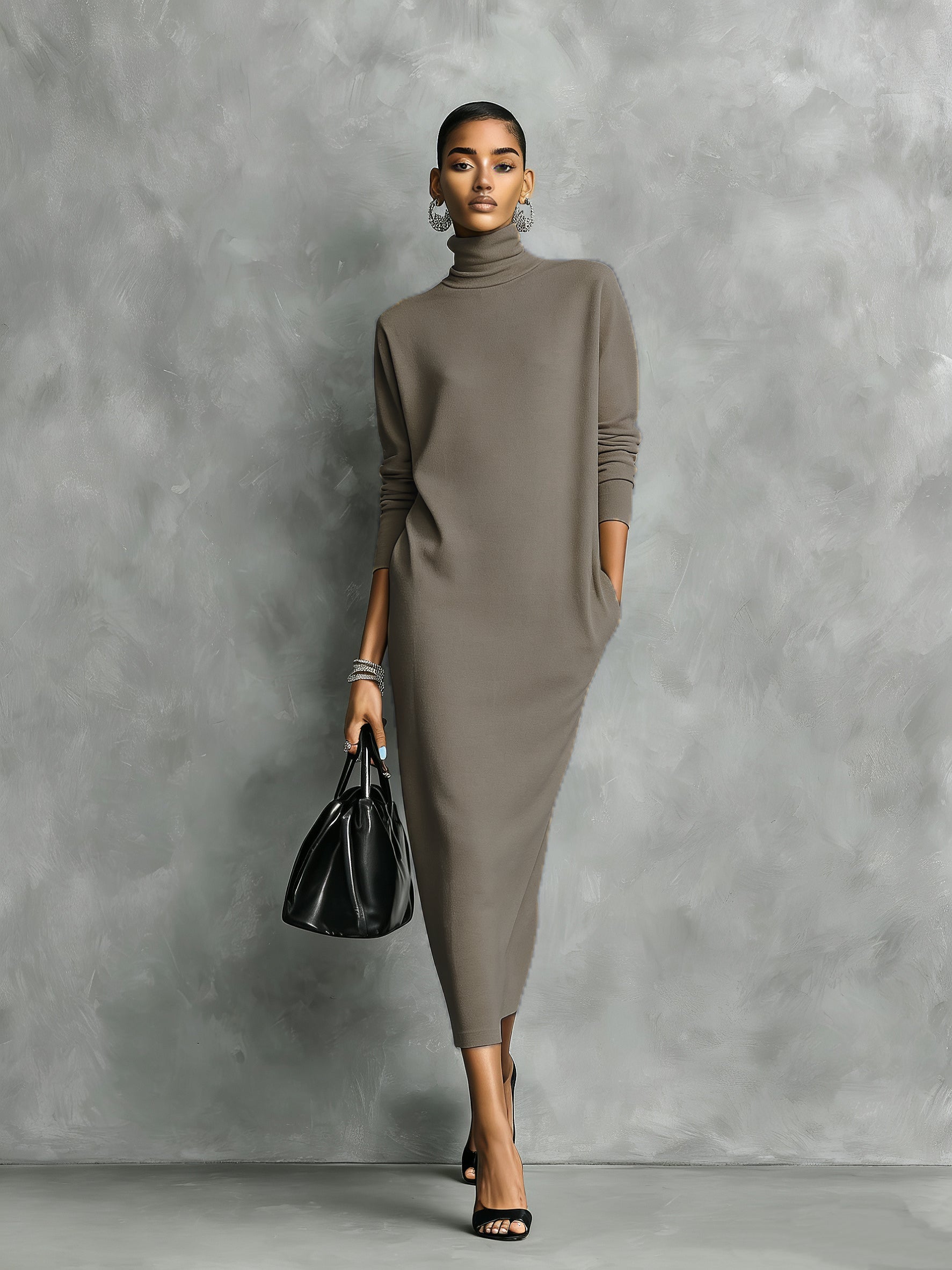 Eline | Dames Midi Jurk - Zachte Gebreide Coltrui, Lange Mouwen Taupe