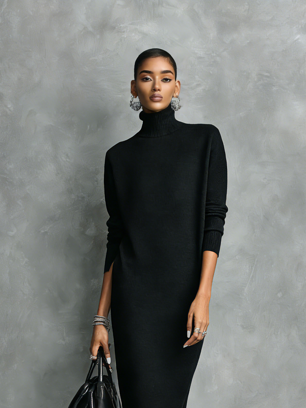 Eline | Dames Midi Jurk - Zachte Gebreide Coltrui, Lange Mouwen