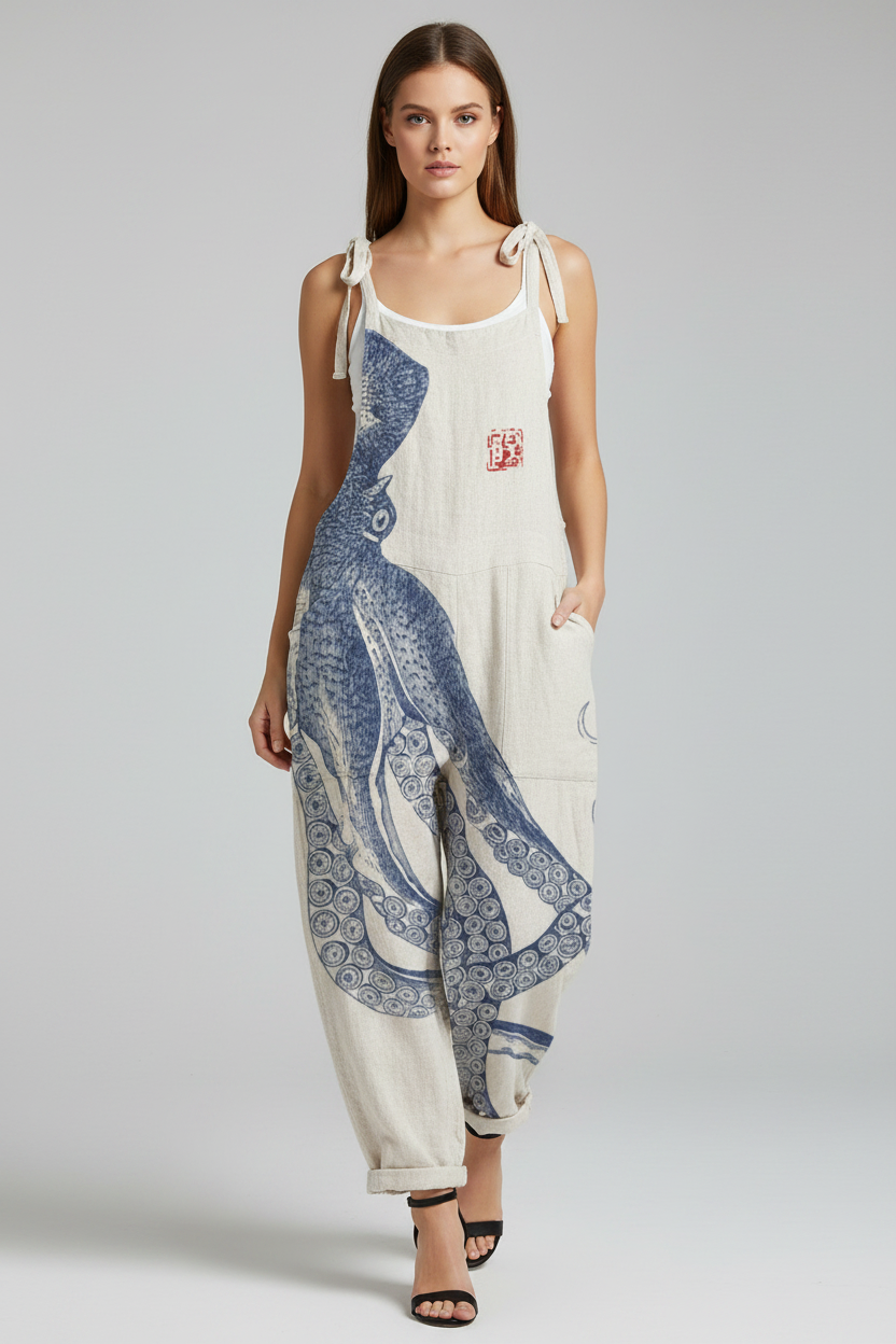 Amara | Jumpsuit Dames - Octopus Print Losse Pasvorm Wit