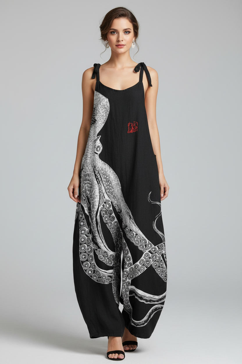 Amara | Jumpsuit Dames - Octopus Print Losse Pasvorm Zwart