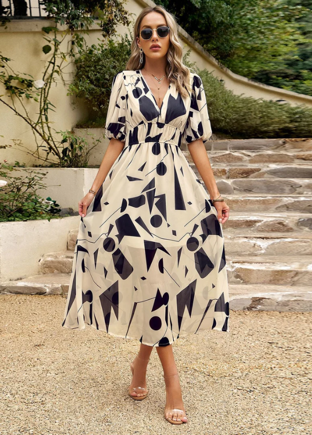Evelyn | Dames Midi-Jurk - Bloemenprint, Flatterend Ontwerp Beige