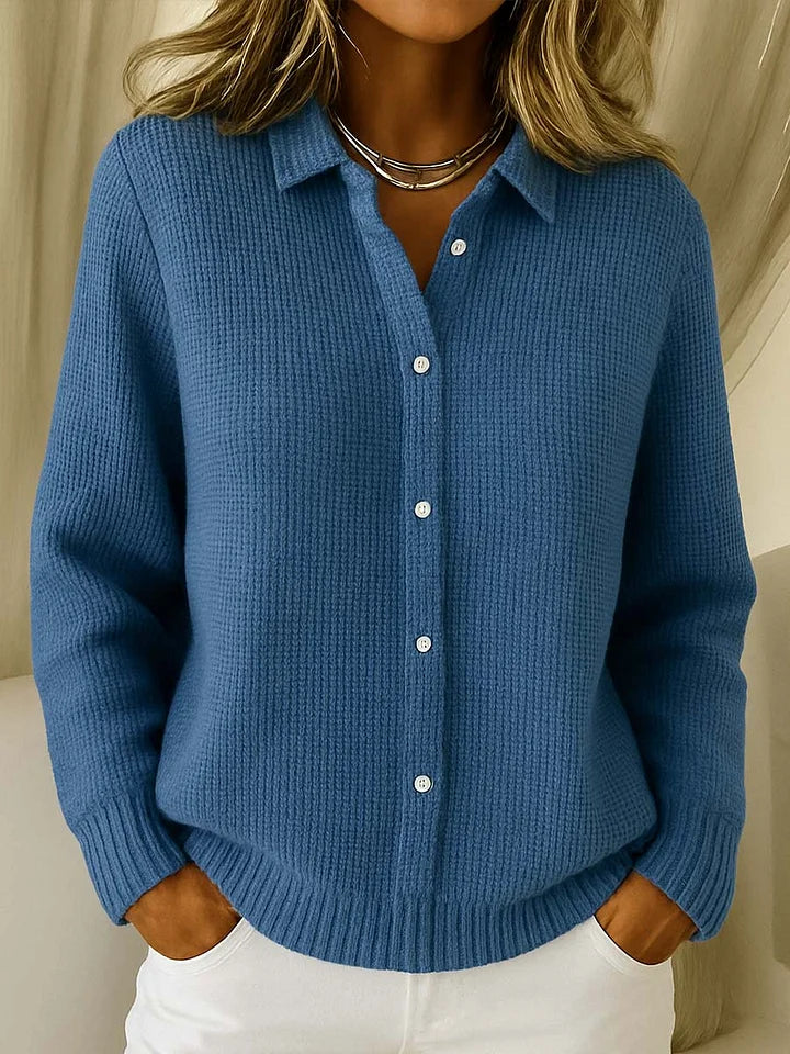Gebreide Polo voor Dames met Elegante Structuur - Stijlvolle Fijngebreide Polotrui met Kraag & Knoopsluiting, Zacht Casual T-Shirt/Trui Blauw