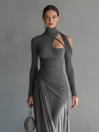 Gina | Dames Maxi Jurk - Zijdeachtige Stretch, Lange Mouwen en Ruches