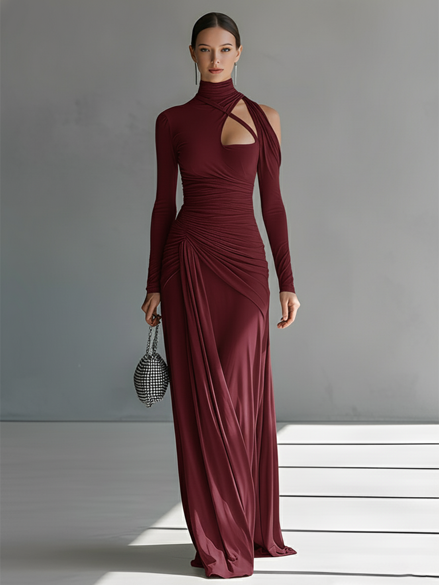 Gina | Dames Maxi Jurk - Zijdeachtige Stretch, Lange Mouwen en Ruches Bordeaux