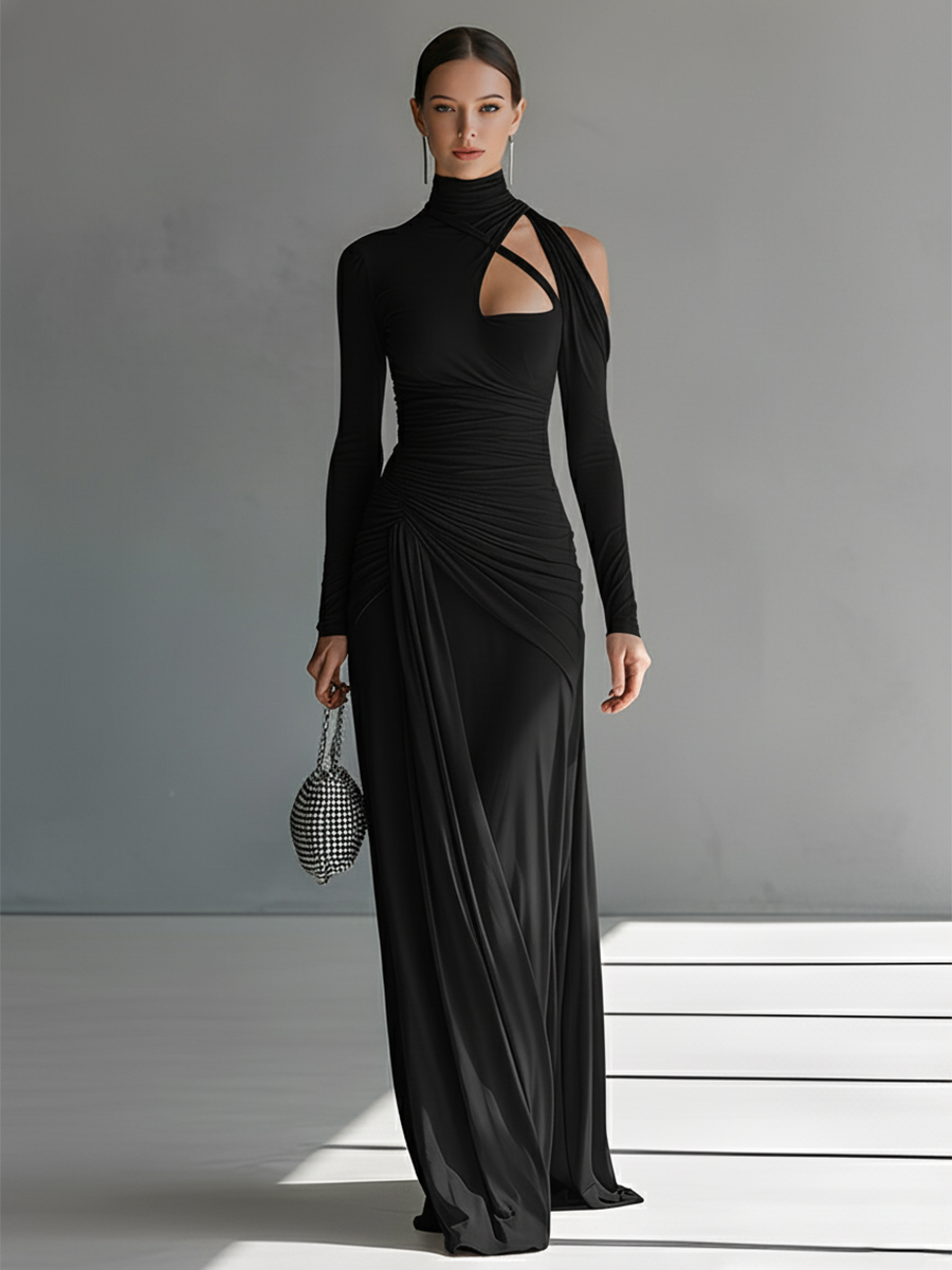 Gina | Dames Maxi Jurk - Zijdeachtige Stretch, Lange Mouwen en Ruches Zwart