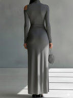 Gina | Dames Maxi Jurk - Zijdeachtige Stretch, Lange Mouwen en Ruches